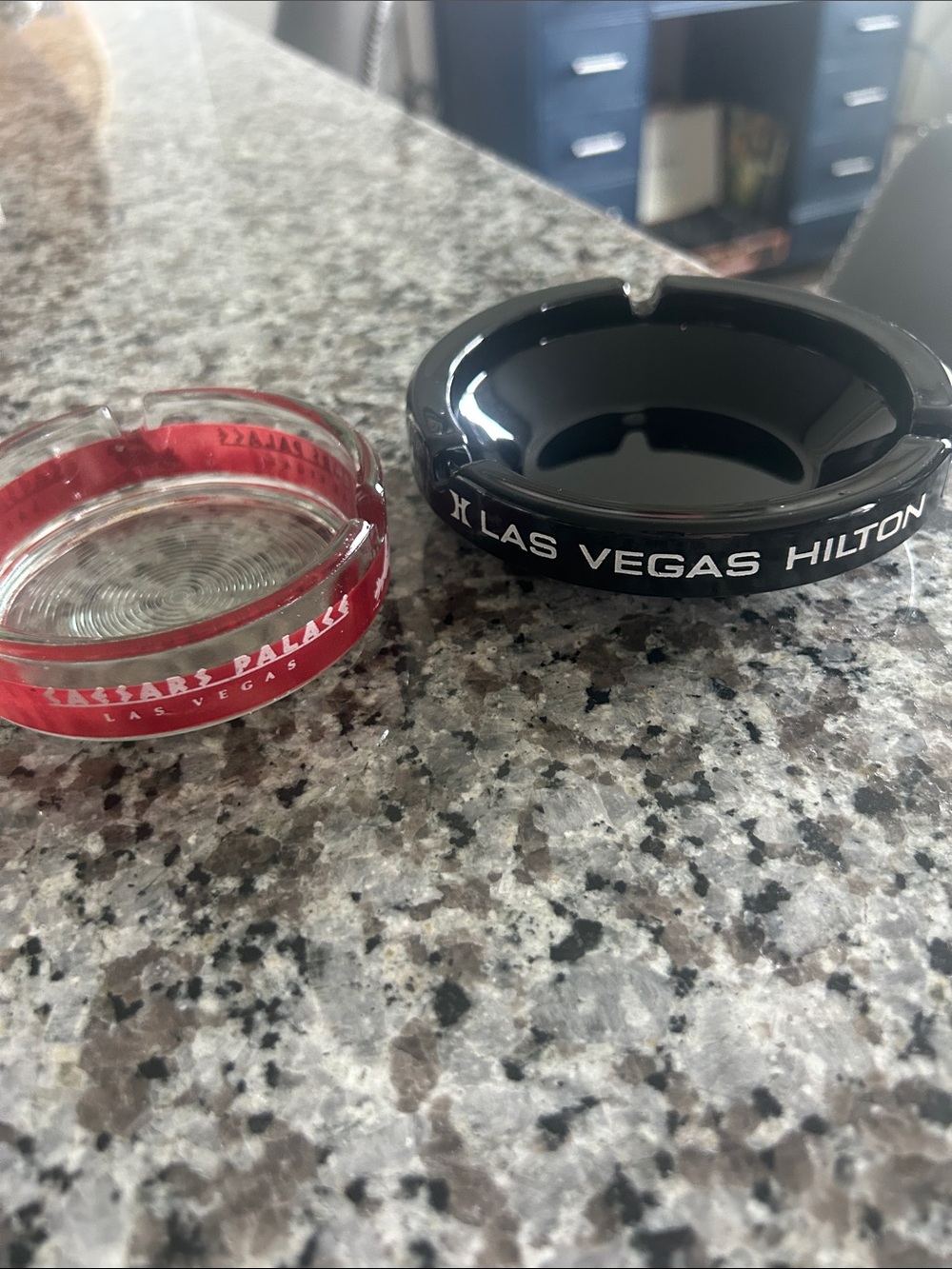 Las Vegas Hilton Black Glass Ashtray & Caesars Palace Red Glass Ashtray